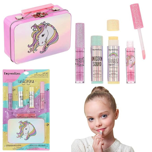 Expressions - 5pc Cosmetics Lip Kit For Kids w/Lip Glosses, Lip Balms & Tin Box Storage Case,I Believe in Unicorns Hologrpahic,Washable + Non Toxic