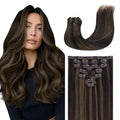 GOO GOO Clip in Hair Extensions Real Human Hair, Remy Human Hair Extensions Clip ins for Women, Natural Human Hair, 12inch 85g 7 Pcs, #2/6 Dark Brown Highlighted Chestnut Brown Invisible Blending
