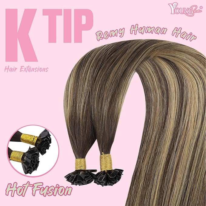 YoungSee K Tip Hair Extensions Real Human Hair Balayage Brown with Blonde 16In K Tip Keratin Hair Extensions Balayage Pre Bonded Hair Extensions Comfortable and Soft Hair Extensions Ktip 50S/50G