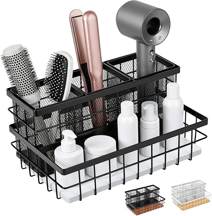 1 Pcs Hair Tool Organizer Countertop Breathable Metal & Bamboo Hot Tools Organizer Under Sink Bathroom Hair Dryer Holder Countertop Brush Comb Holder,makeup tray (White Bamboo,Black)