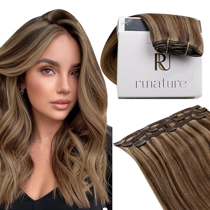 RUNATURE Human Hair Clip in Extensions, Well-Blended Remy Hair Extensions Clip Ins for Women, Add Hair Volume, 14 Inch 50g 3pcs #3P12 Walnut Brown Highlight