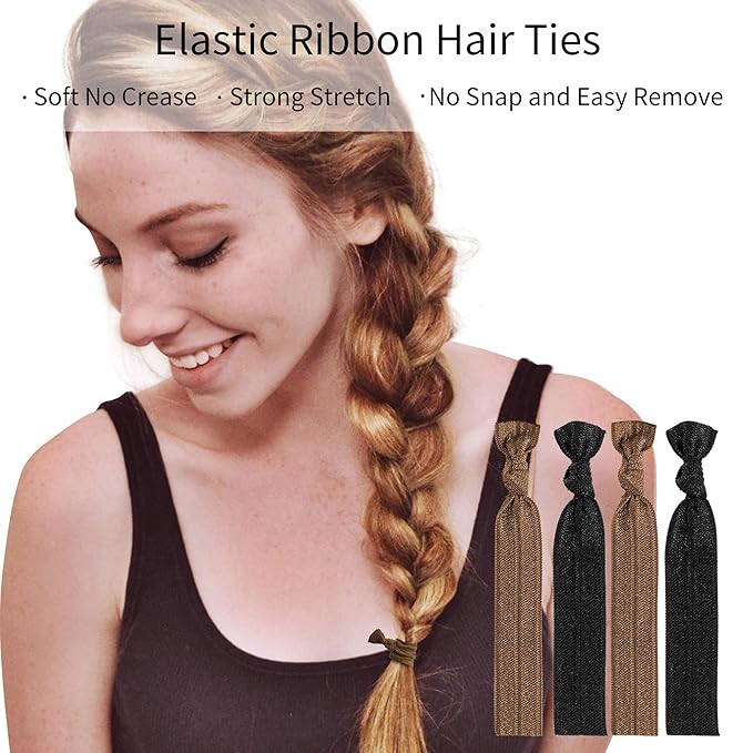 79STYLE Fabric Hair Ties - No Damage Black Ribbon Flat Hair Bands, Knotted Soft Ponytail Holders for Women, Yoga Hair Scrunchies (Black)