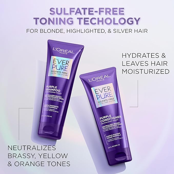 L’Oreal Paris Sulfate Free Brass Toning Purple Conditioner for Blonde, Bleached, Silver, or Brown Highlighted Hair, EverPure, 6.8 Fl Oz (Packaging May Vary)