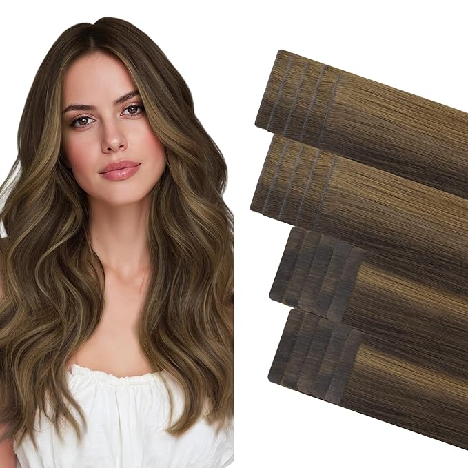 GOO GOO Invisi Edge Tape in Hair Extensions Human Hair, 2C/4E/6C Brown Sugar Swirl Highlights 10pcs injected with 10pcs classical tape ins, 24inch 50g, Virgin Remy Hair, Natural Look
