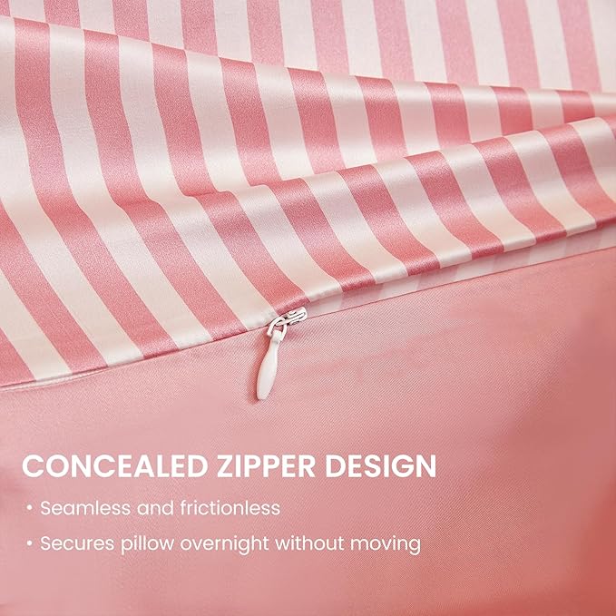 THXSILK Mulberry Silk Pillowcase for Hair and Skin Health, Grade 6A+ Mulberry Silk Pillowcase with Hidden Zipper, Soft and Breathable, 1pc (Queen 20"x30", Pink White Stripes)