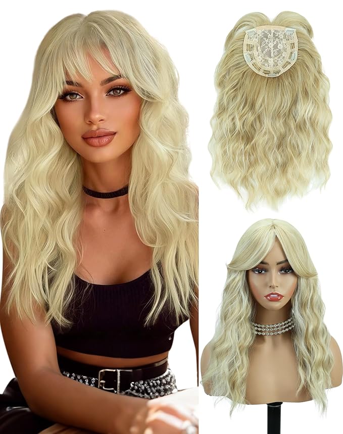 QUEENTAS 18" Curly Hair Topper for Women with Thinning Hair Pieces 6"*6"Large Coverage 360°3D Cover Synthetic Long Blonde Wavy with 5 Clips in Wiglets(Blonde)