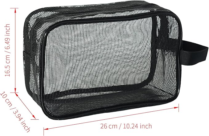 Black Mesh Shower Tote Bag - 6.5×10.2Inch Portable Quick-Dry Hanging Pouch for Bathroom, Gym, Camping, Toiletry Organizer