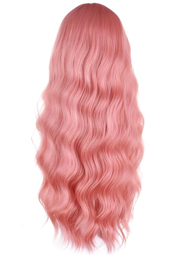 Pink Hair Wavy Wigs With Bangs For Women Synthetic Pink Wigs For Daily Use Everyday Wear.