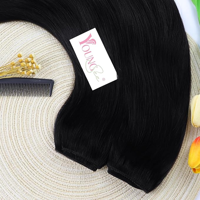 YoungSee 135G Wire Hair Extensions Jet Black Hair Wire Long Black Fish Line Hair Extensions Human Hair Easy to Wear 24inch