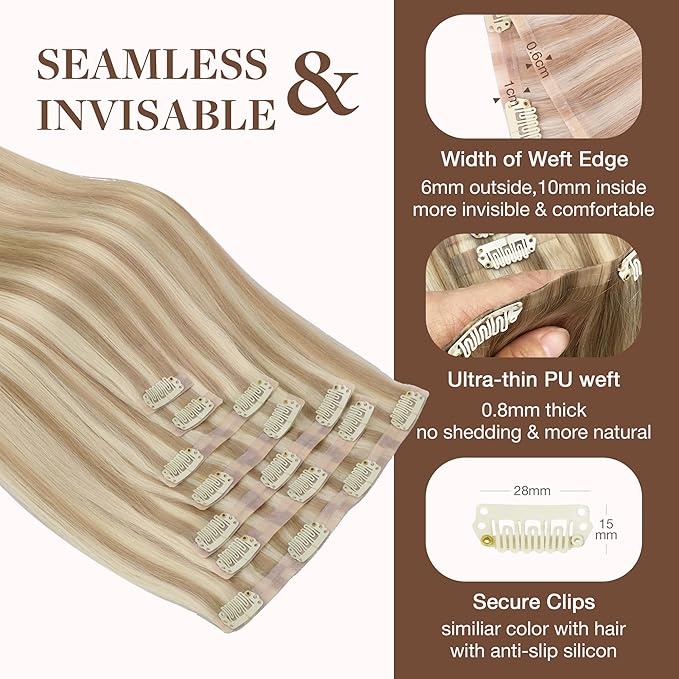 GOO GOO Clip in Hair Extensions Real Human Hair, Remy Human Hair Extensions Clip ins for Women, Natural Human Hair, 20inch 150g 7Pcs, 18A/613A Dark Blonde Highlighted Bleach Blonde