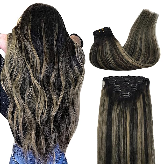 GOO GOO Clip in Hair Extensions Real Human Hair, Remy Human Hair Extensions Clip ins for Women, Natural Human Hair, 24inch 120g 7Pcs, 1B/16/1B Balayage Natural Black to Light Blonde