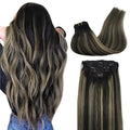 GOO GOO Clip in Hair Extensions Real Human Hair, Remy Human Hair Extensions Clip ins for Women, Natural Human Hair, 24inch 120g 7Pcs, 1B/16/1B Balayage Natural Black to Light Blonde