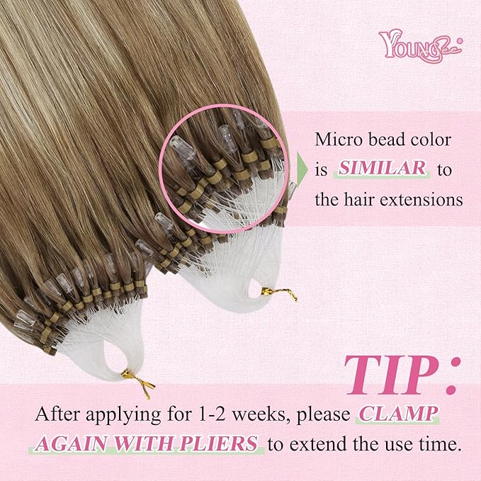 YoungSee Micro Link Hair Extensions Human Hair Ombre Microloop Hair Extensions Human Hair Balayage Light Brown with Blonde Beaded Hair Extension Cold Fusion for Long Hair 24 Inch 50s 50g