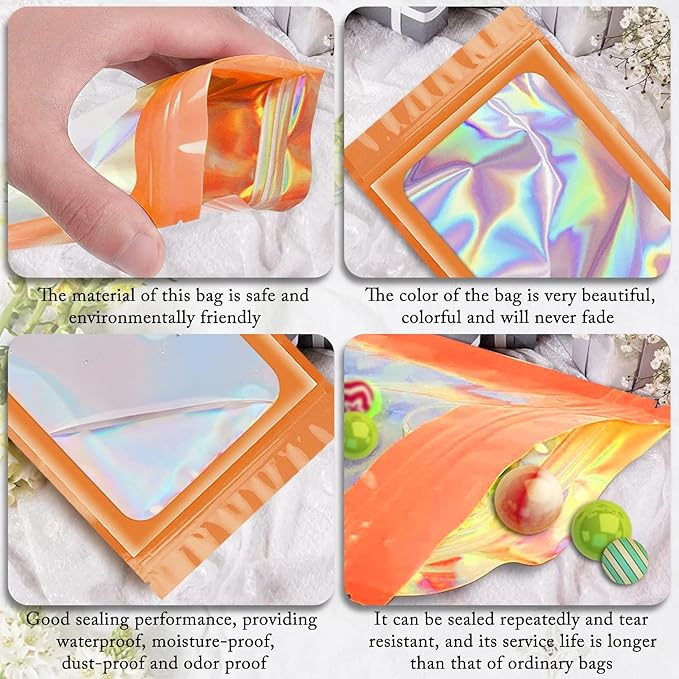 ANZNKU 100 Pcs Smell Proof Mylar Resealable Bags, Holographic Packaging Bags, Resealable Odor Foil Pouch Zip Bag with Clear Window for Food Storage and Lipgloss, Jewelry Lash (Orange, 4.7 x 7.9 Inch)