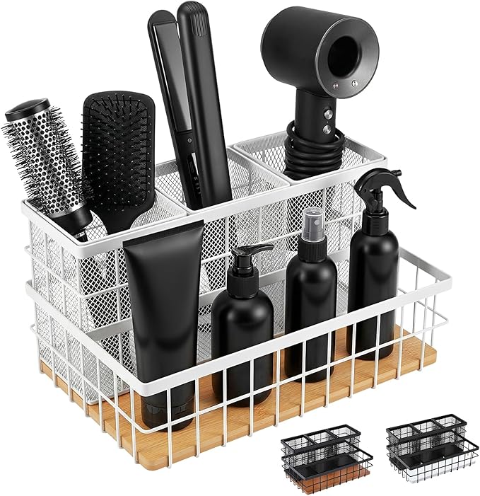 1 Pcs Hair Tool Organizer Countertop Breathable Metal & Bamboo Hot Tools Organizer Under Sink Bathroom Hair Dryer Holder Countertop Brush Comb Holder,makeup tray (Natural Bamboo,White)