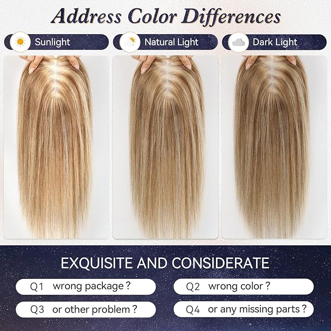 starluck Hair Toppers for Women Real Human Hair No Bangs, 100% Remy HumanHair Toppers for Women Hand-woven with Thinning,Cover Gray Roots,Adds Volume, Mixed Blonde And Brown