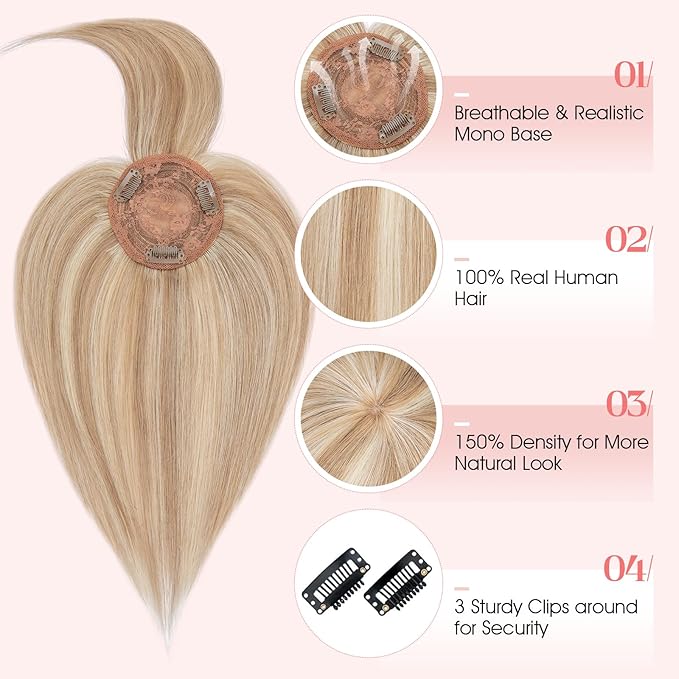 Hairro Mono Hair Toppers with Bangs, 3.4" x 3.4" Mono Base 100% Real Human Hairpieces for Women, 150% Density Clips In Topper for Greyish Thinning Hair, 14 Inch Golden Brown Mix Bleach Blonde