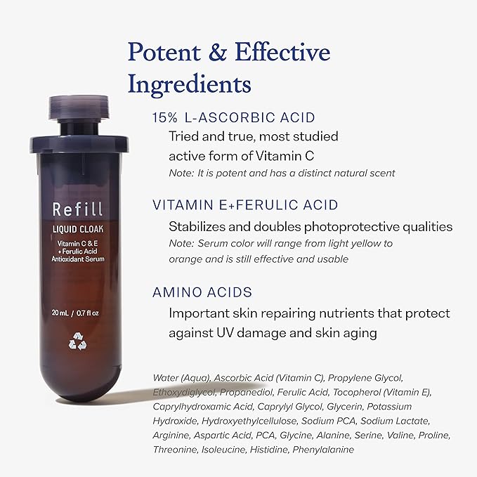 Vitamin C Serum Refill with Ferulic Acid and Vitamin E for Glowing Radiant Skin by Dear Brightly, Face Brightening, Facial Serum for Sensitive Skin, Refillable Glass Bottle, 0.7 fl oz