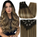 Full Shine Clip in Hair Extensions Human Hair Brown Balayage 16 Inch Real Hair Extensions Clip ins 120 Grams Dark Brown to Brown Mix Honey Blonde Seamless Human Hair 7 Pcs
