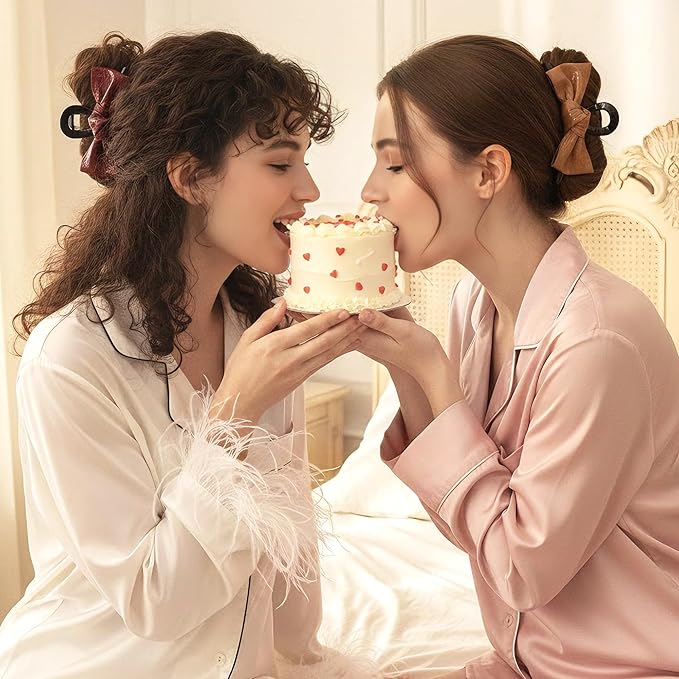 3Pcs Patent Leather Hair Claw Clips Set, Bowknot Hair Jaw Clamps in Brown-Black-Burgundy, Non-Slip Strong Hold Hair Accessories for Thin/Medium/Thick, Stylish Hair Grips for Women and Girls