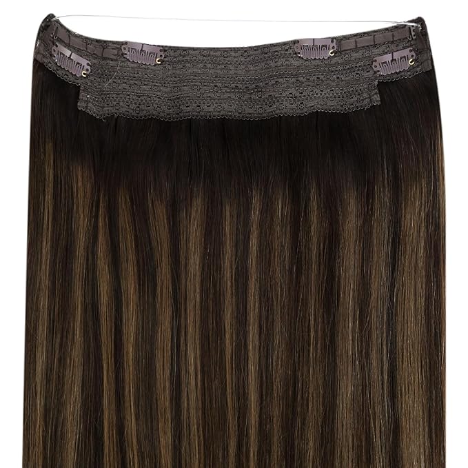 YoungSee Wire Hair Extensions Real Human Hair Dark Brown Secret Wire Human Hair Extensions Balayage Darkest Brown with Medium Brown Human Hair Headband Extensions for Natural Look 80G 14Inch