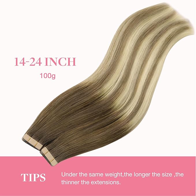 GOO GOO Tape in Hair Extensions Human Hair, 3/8/613 Walnut Brown to Ash Brown and Bleach Blonde, 20inch 100g 40pcs, Skin Weft Seamless Invisible, Silky Straight with Thick Ends, Remy Human Hair