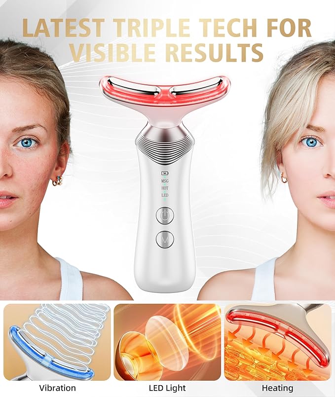 9-in-1 Red-Light-Therapy-for-Face-and-Neck, Portable Facial Massager Tool with Adjustable Vibration & Thermals for Wrinkles, Double Chin, White