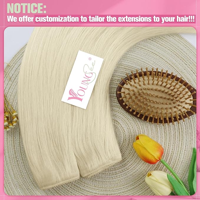 YoungSee Invisible Wire Hair Extensions Real Human Hair Blonde Hair Extensions Wire Platinum Blonde Fish Line Hair Extensions Human Hair Dyable Remy Hair 16In 80G