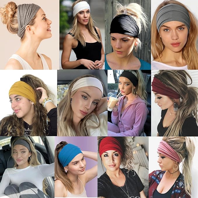 6 Packs Wide Headbands for Women Stretch Headband Boho Women's Hair Band Turban Girls Accessories Non Slip Sports Headbands for Women（Black, Coffee, Dark Gray, Light Gray, Beige, Army green）