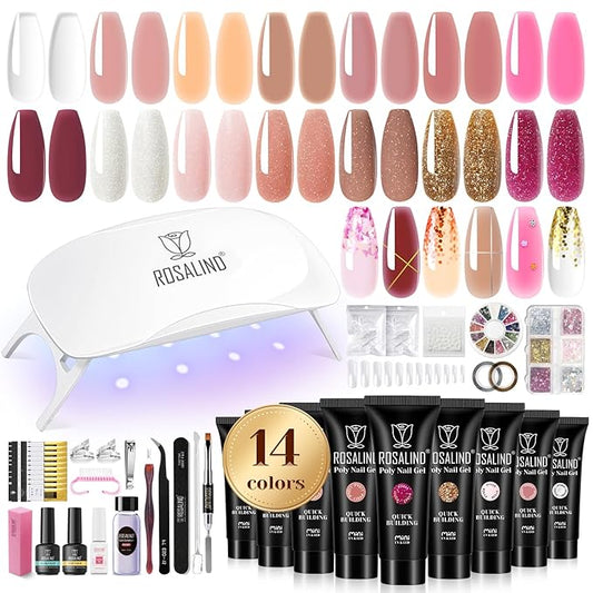 ROSALIND Poly Nail Gel Colors Kit -14 Colors +72 Nail Art Accessories kit Glitter Poly Nails Gel Kit Starter Kit with Mini UV Lamp Slip Solution Nude Pink Poly Nail Art for Beginners with Everything