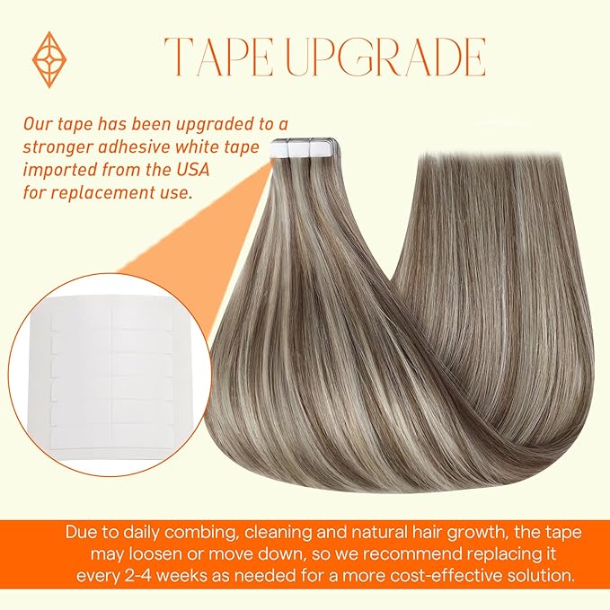 Full Shine Tape in Hair Extensions Human Hair 22Inch Real Hair Extensions Tape in Color 8P60 Ash Brown Highlight Blonde Invisible Tape in Human Hair Extensions Double Sided 50Gram 20Pcs for Wedding