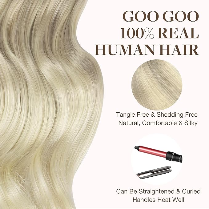 GOO GOO Tape in Hair Extensions Human Hair, 17/22/60 Ash Blonde to Golden Blonde and Platinum Blonde, 16inch 100g 40pcs, Skin Weft Seamless Invisible, Silky Straight with Thick Ends, Remy Human Hair