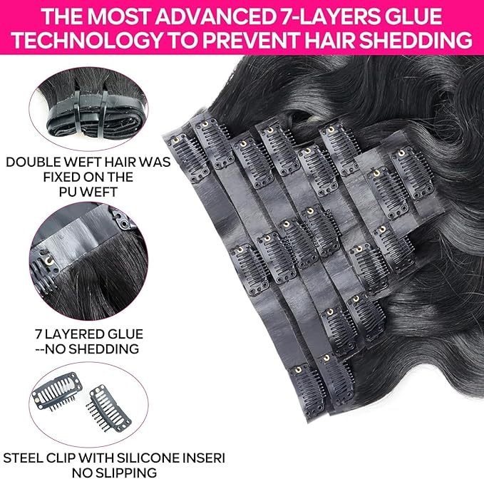 Seamless Clip in Hair Extensions Human Hair Body Wave Human Hair Clip in Extensions 8Pcs PU Clip ins Remy Hair for Women Invisible Skin Weft 18Clips 120g 30inch Natural Black