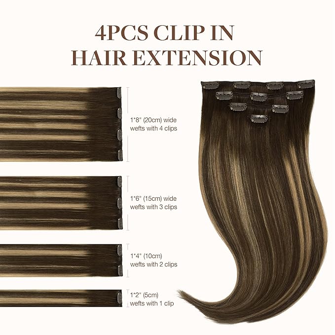 GOO GOO Clip in Hair Extensions Real Human Hair, Remy Human Hair Extensions Clip ins for Women, Natural Human Hair, 14inch 60g 4Pcs, 4/27/4 Balayage Chocolate Brown to Caramel Blonde