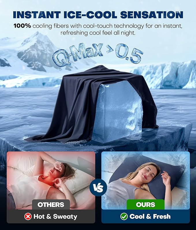 Ultra-Chill Cooling Pillowcase Set of 2 for Hot Sleepers, Softer Than Silk Pillow Cases for Protecting Hair & Skin, Breathable Bed Pillow Covers w/Zipper, Gifts for Women & Men (Navy Blue, Queen)