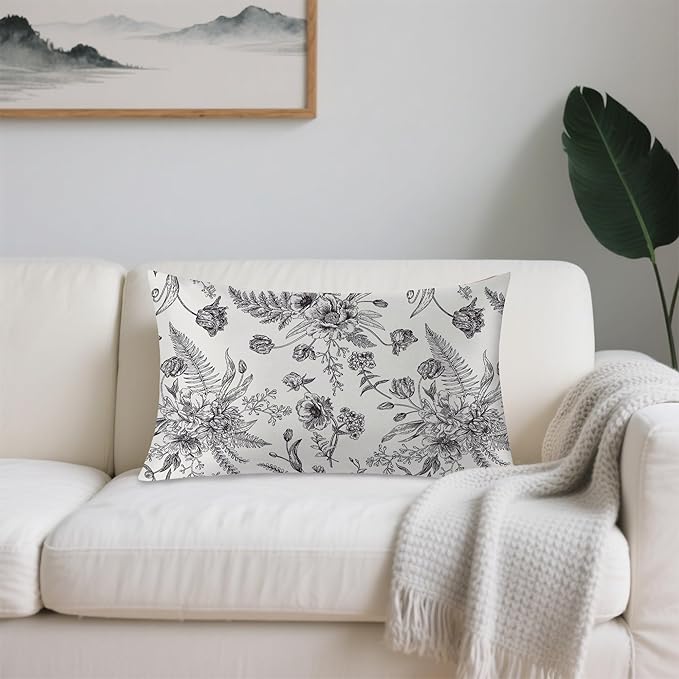 Satin Pillowcase 1 Pack-Black and White Peony Tulips Vintage Floral Silky Pillow Cover for Hair and Skin,Standard Size 20x26 Inch Soft Cooling Printed Pillow Cases with Hidden Zipper