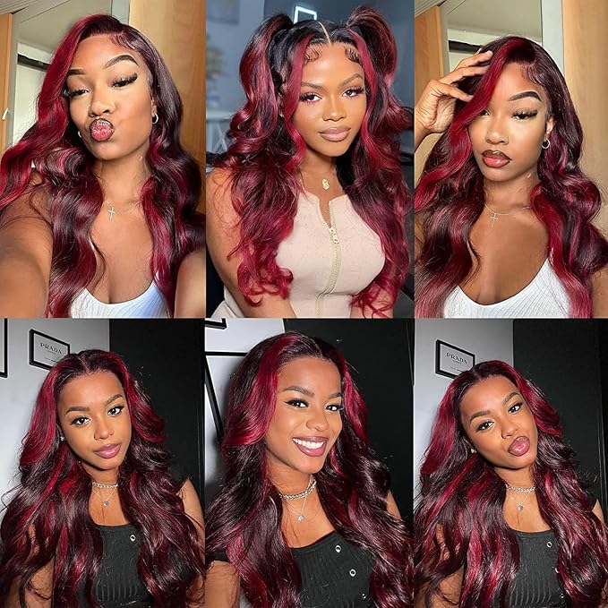 99j Bundles Human Hair Highlight Body Wave Bundles 16 16 16 Inch Niegmeag Brazilian Virgin Remy Hair Extensions Double Weft 2 Tone Red and Black Bundle Hair Weave