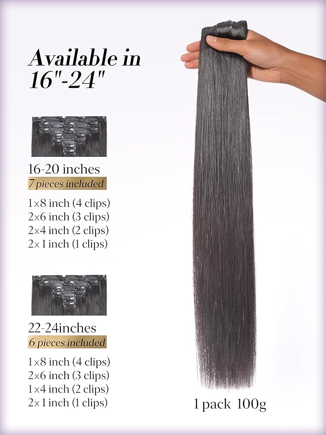 LUVME 0.59mm Zero Trace Invisible Clip in Hair Extensions, Silky Straight 2 Pack 7 Pcs 100g 20 Inch, 100% Real Human Hair Clip Ins, Multi Piece Silky Set for Custom Layering and Stylish Looks