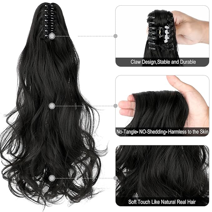 Claw Clip Ponytail Extension 18" Clip in Wavy Ponytail Hair Extensions Long Pony Tails for Women Extensions Natural Black Wave Hairpiece