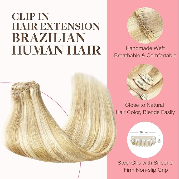 GOO GOO Clip in Hair Extensions Real Human Hair, Remy Human Hair Extensions Clip ins for Women, Natural Human Hair, 20inch 160g 7Pcs, #18D/22F Dirty Blonde Highlights