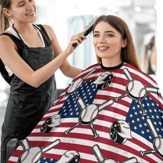 Women Vintage Baseball American Flag Barber Hairdressing Cape, Full Coverage Hairdressing Haircut Apron for Barbers, Haircut Tools