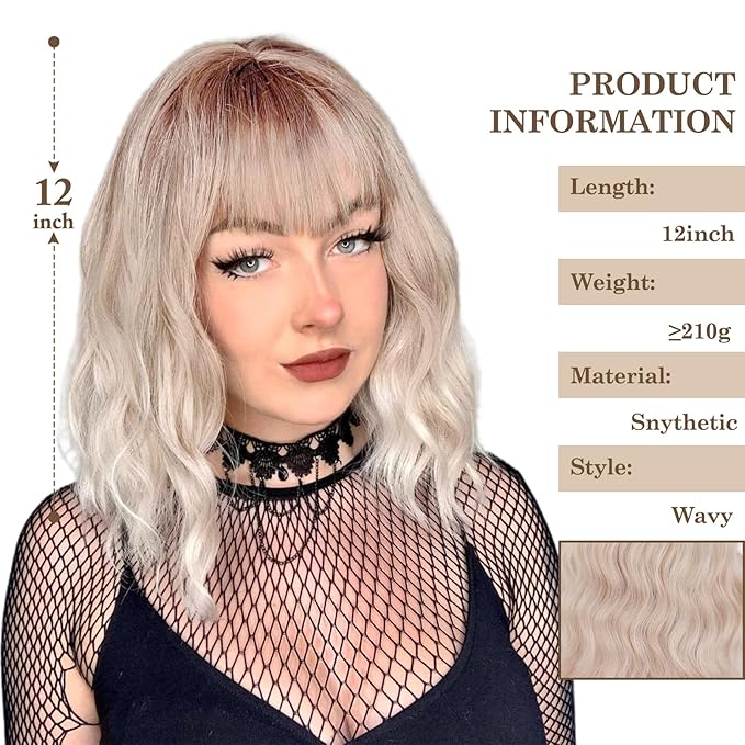 MISSQUEEN Short Ombre Platinum Blonde Wig with Bangs12 Inches Short Wavy Curly Wigs for Women Natural Looking Synthetic Heat Resistant Fiber Wig for Daily Cosplay Halloween Party Use