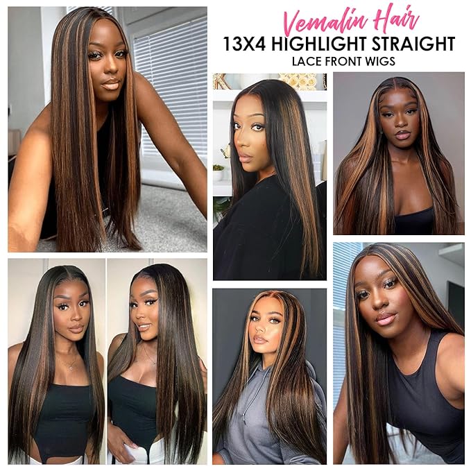 Highlight Wig Human Hair Straight Lace Front Wigs Human Hair Pre Plucked 13x4 Ombre Lace Front Wig Human Hair for Women 1B/30 Black with Brown Balayage Glueless Wigs Human Hair 200% Density 22 Inch