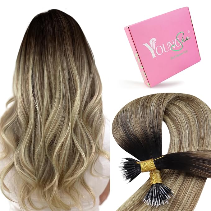 YoungSee Nano Beads Hair Extensions Real Human Hair Brown to Blonde Nano Link Hair Extensions Balayage Dark Brown with Blonde Nano Extension Human Hair Straight for Women Add Length 18inch 1g/s 50g