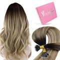 YoungSee 24inch Nano Hair Extensions Brown to Blonde Nano Bead Extensions Human Hair Ombre Dark Brown to Blonde Pre Bonded Nano Tip Hair Extension Real Human Hair Long Straight 24 inch 1g/s 50g