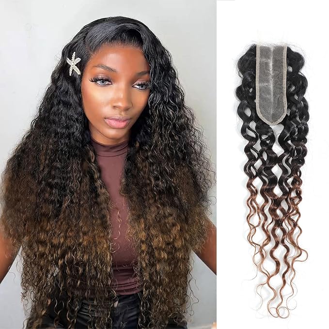 T1B/2/30 Ombre 2x6 Water Wave Lace Closure 100% Real Human Hair 12 Inch Chestnut Brown Ombre Water Wave Transparent Lace Closure