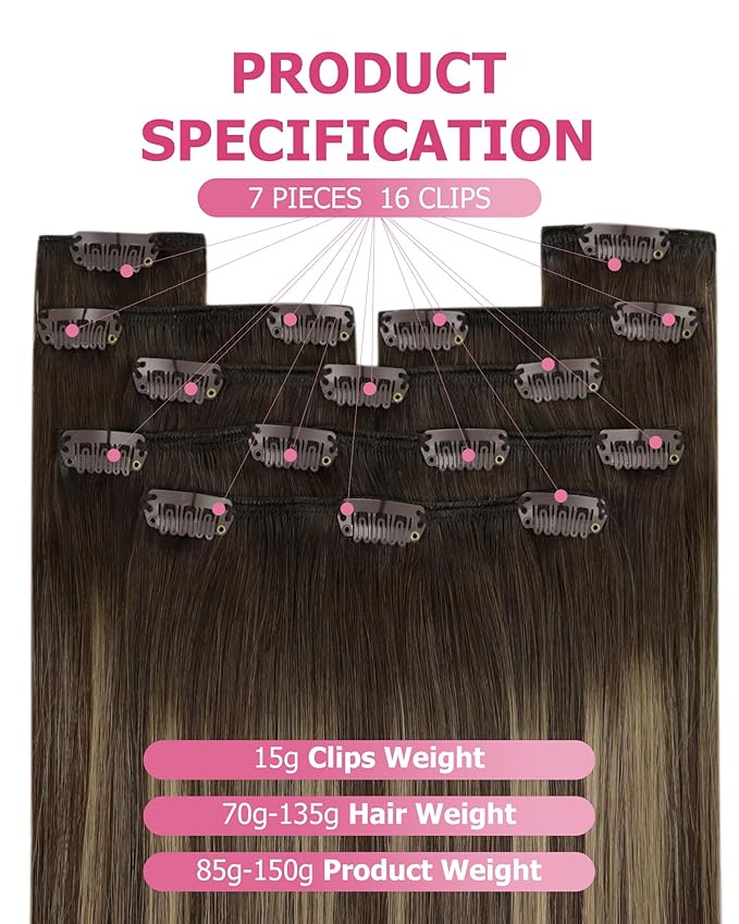 YoungSee 135g Clip in Human Hair Extensions Silky Straight Human Hair Clip in Extensions Balayage Chocolate Brown Mix Caramel Blonde Clip ins Real Hair Extension Brown Add Volume 16inch