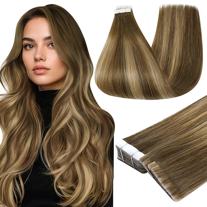 Full Shine Injection Tape in Extensions Human Hair Color 4/24/4 Brown Fading to Blonde and Brown 18 Inch Invisible Skin Weft Double Sided Tape in Hair Extensions Soft Natural for Party 20 Pcs 50G