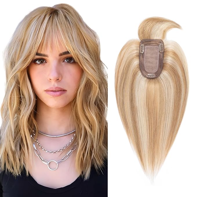 SEGO Hair Toppers for Women Real Human Hair with Thinning Hair, Hair Pieces Clip in Toppers Straight Hair Pieces with Front Bangs -10 Inch #12/613 Golden Brown Mix Bleach Blonde