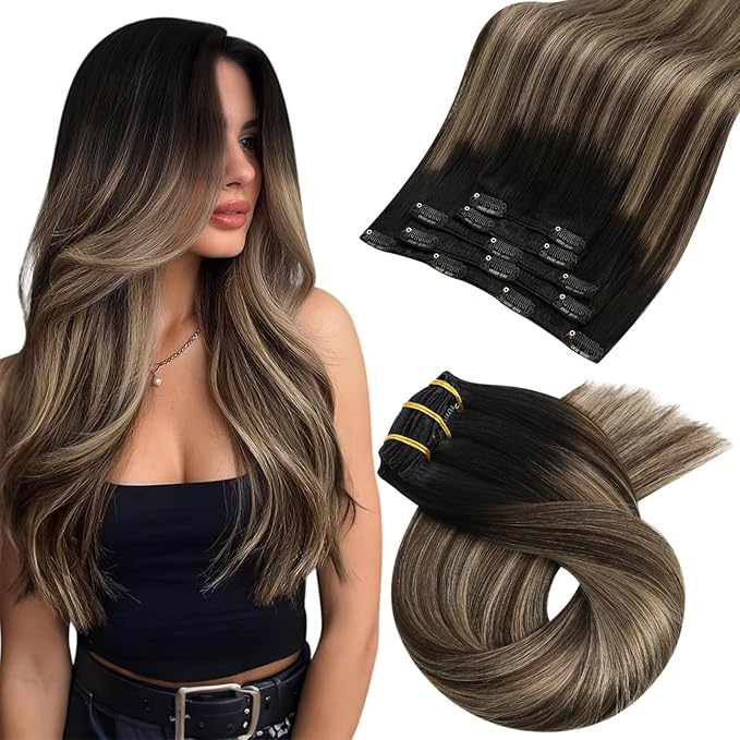 Moresoo Black to Brown Ombre Clip in Hair Extensions Real Human Hair Balayage Natural Black to Medium Brown with Dark Blonde Hair Clip Extensions for Women Short Double Weft 80g/5pcs 14 inch